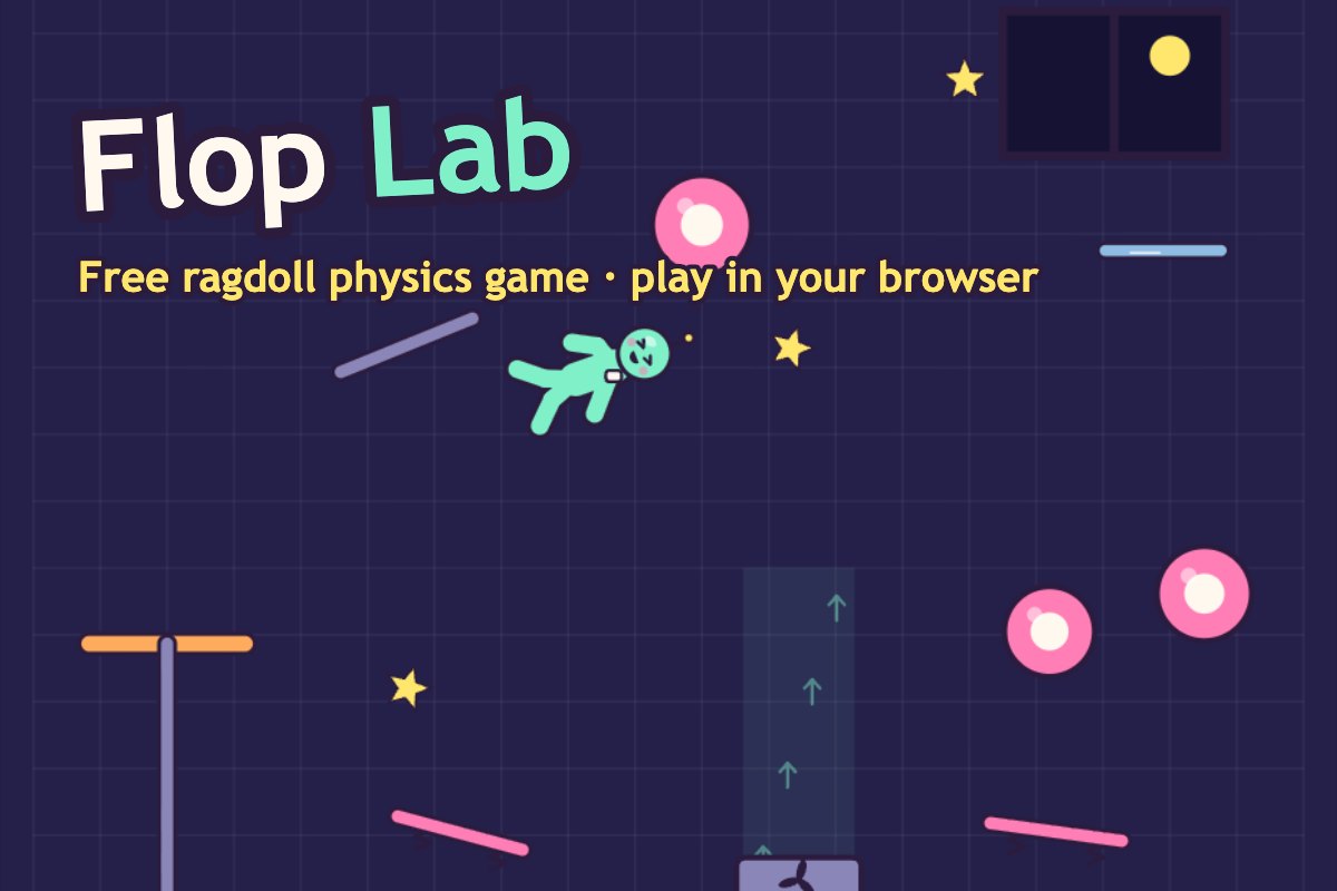 Flop Lab: a jelly test dummy flying through a cartoon lab with bumpers and trampolines