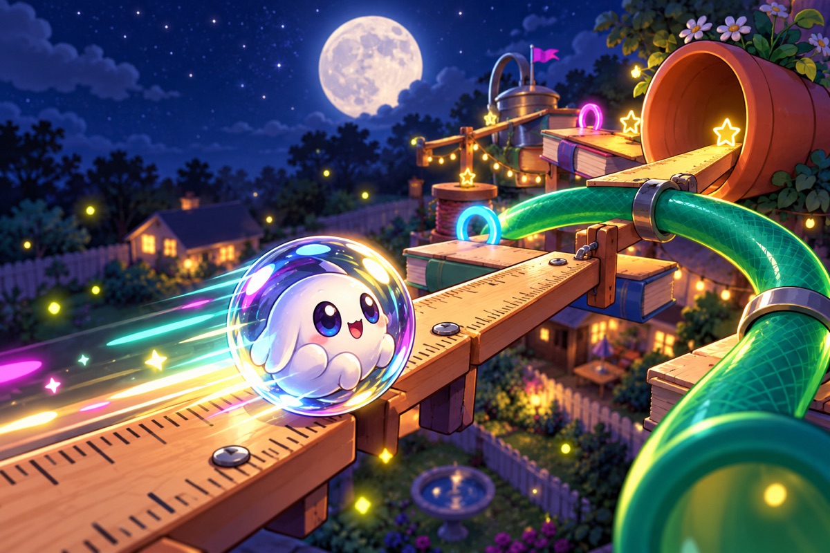 Marble Rush: a glass marble with a tiny monster inside racing along a ruler track at night